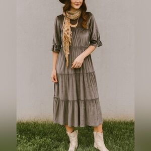 Cedar & Gold Velvet Grey Chrome Tiered Long Maxi Dress sz L Cottage Prairie Boho